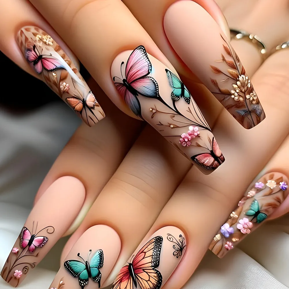 1 Pair Elegant Ballet Long Press-On Nails, Mixed Color Palette with 3D Butterfly and Violet Embossed Design, Matte Finish Fake Nails Set