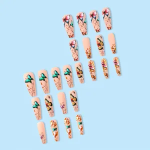 1 Pair Elegant Ballet Long Press-On Nails, Mixed Color Palette with 3D Butterfly and Violet Embossed Design, Matte Finish Fake Nails Set