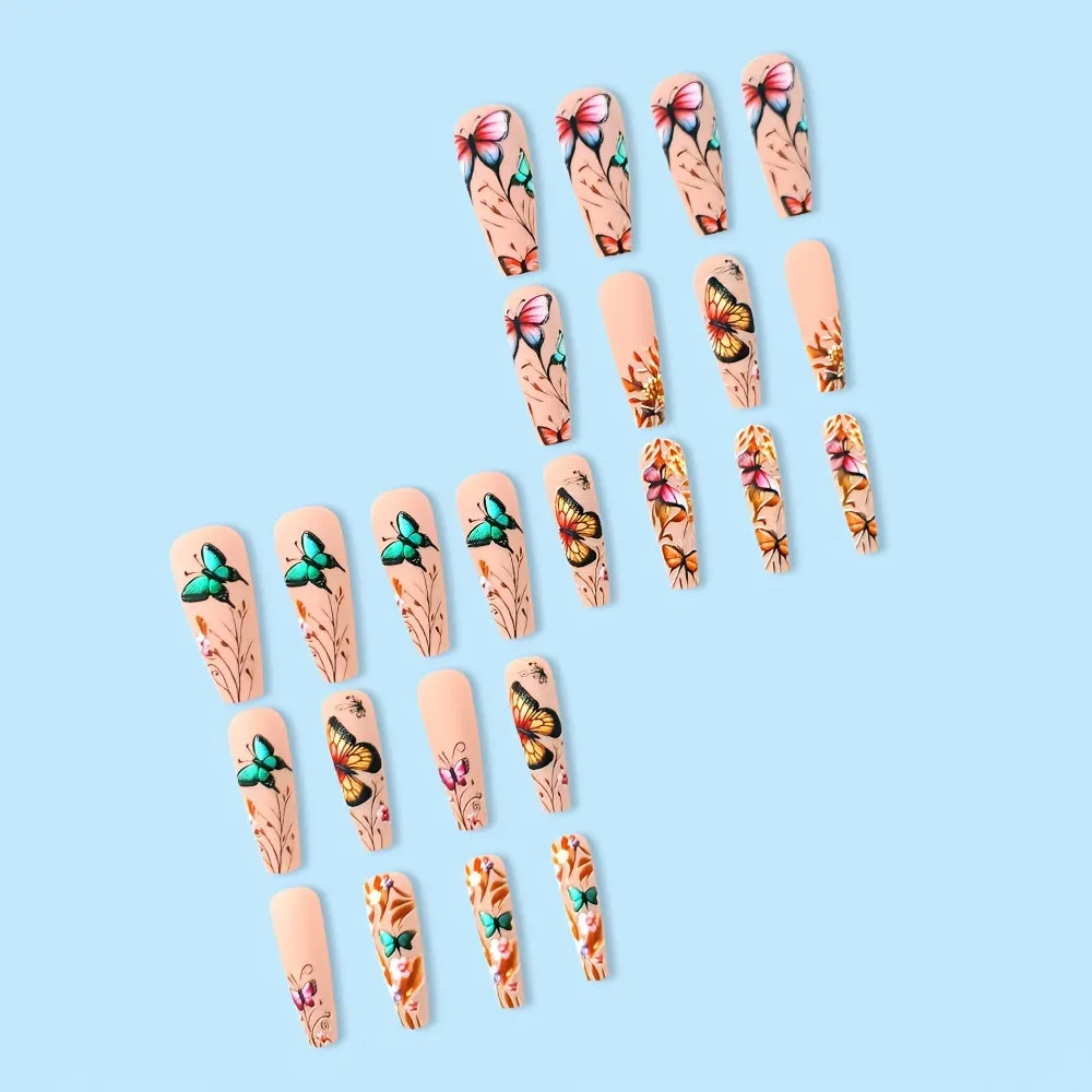 1 Pair Elegant Ballet Long Press-On Nails, Mixed Color Palette with 3D Butterfly and Violet Embossed Design, Matte Finish Fake Nails Set