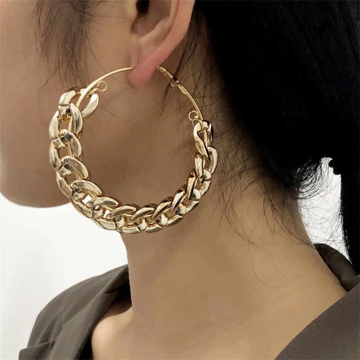18K Gold-Plated Curb Chain Thick Hoop Earrings