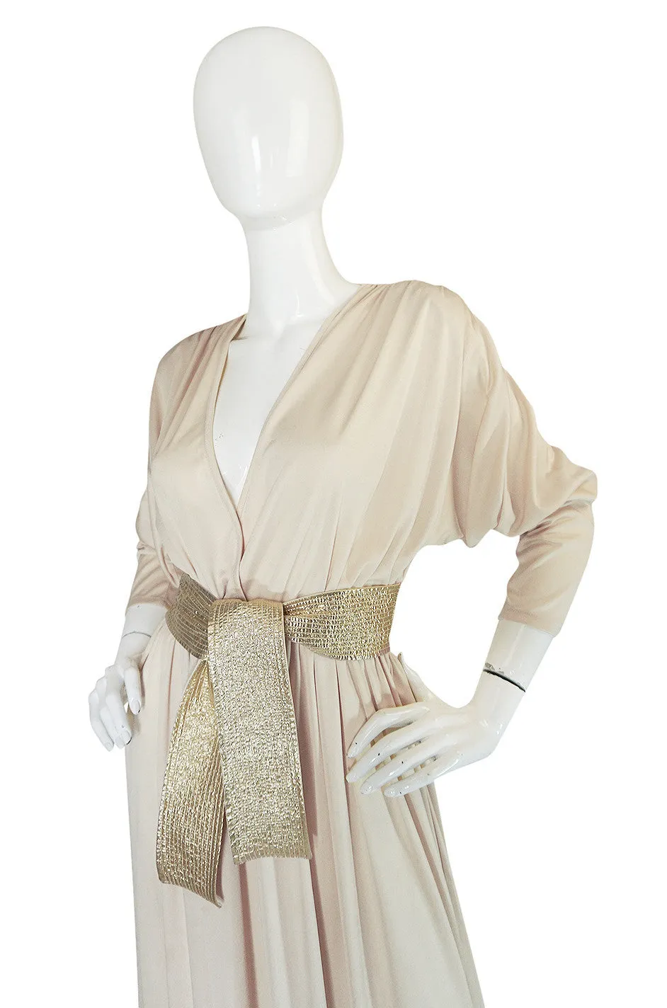 1970s Bill Tice Plunging  Cream & Gold Jersey Dress