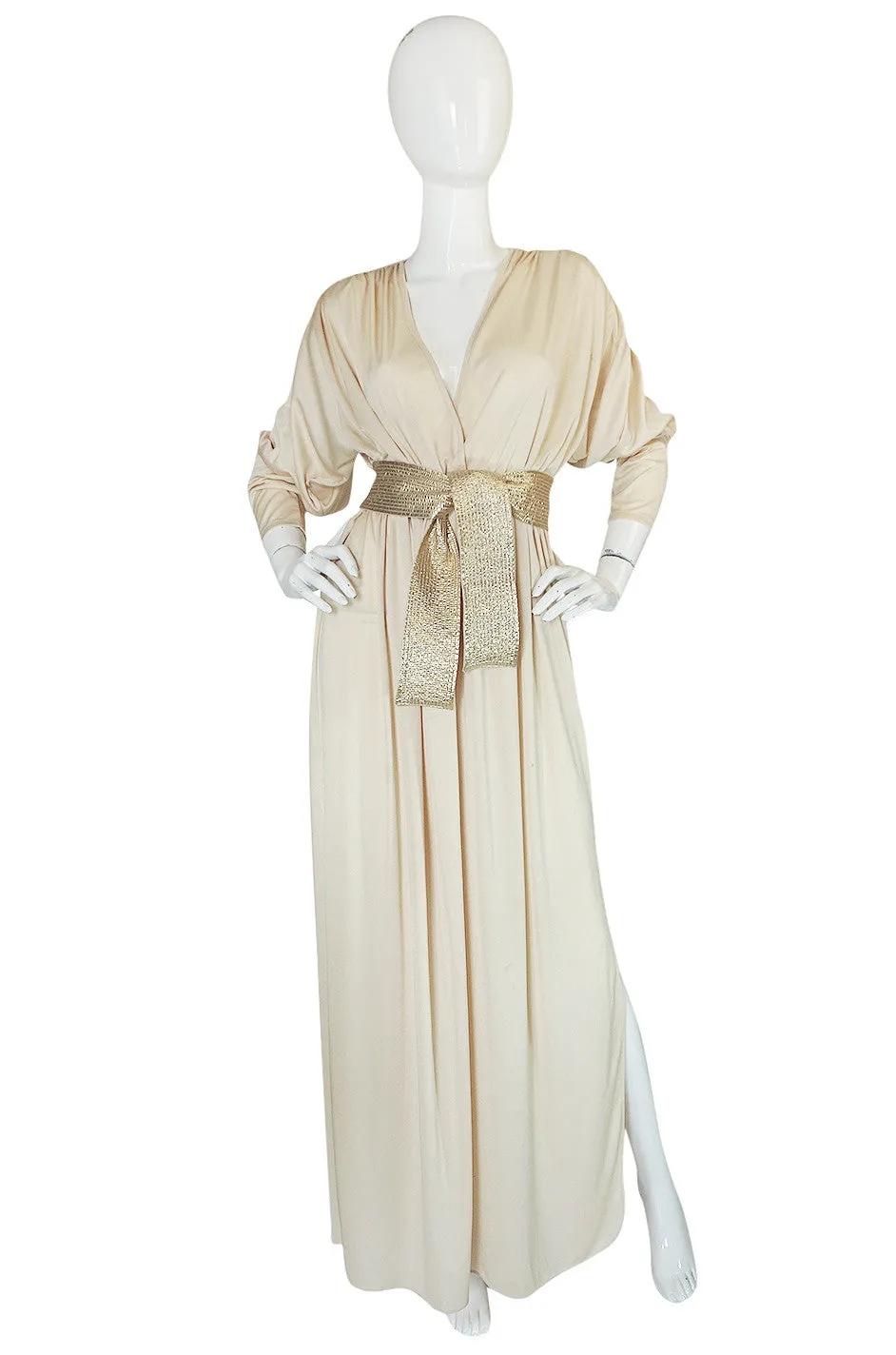 1970s Bill Tice Plunging  Cream & Gold Jersey Dress