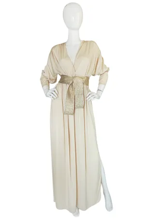 1970s Bill Tice Plunging  Cream & Gold Jersey Dress