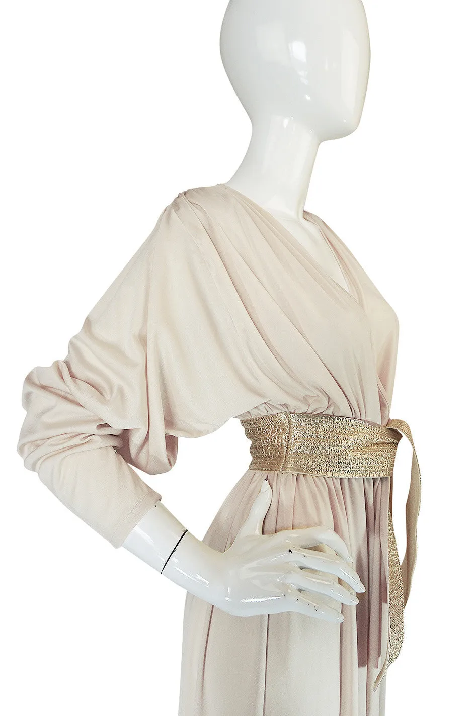 1970s Bill Tice Plunging  Cream & Gold Jersey Dress