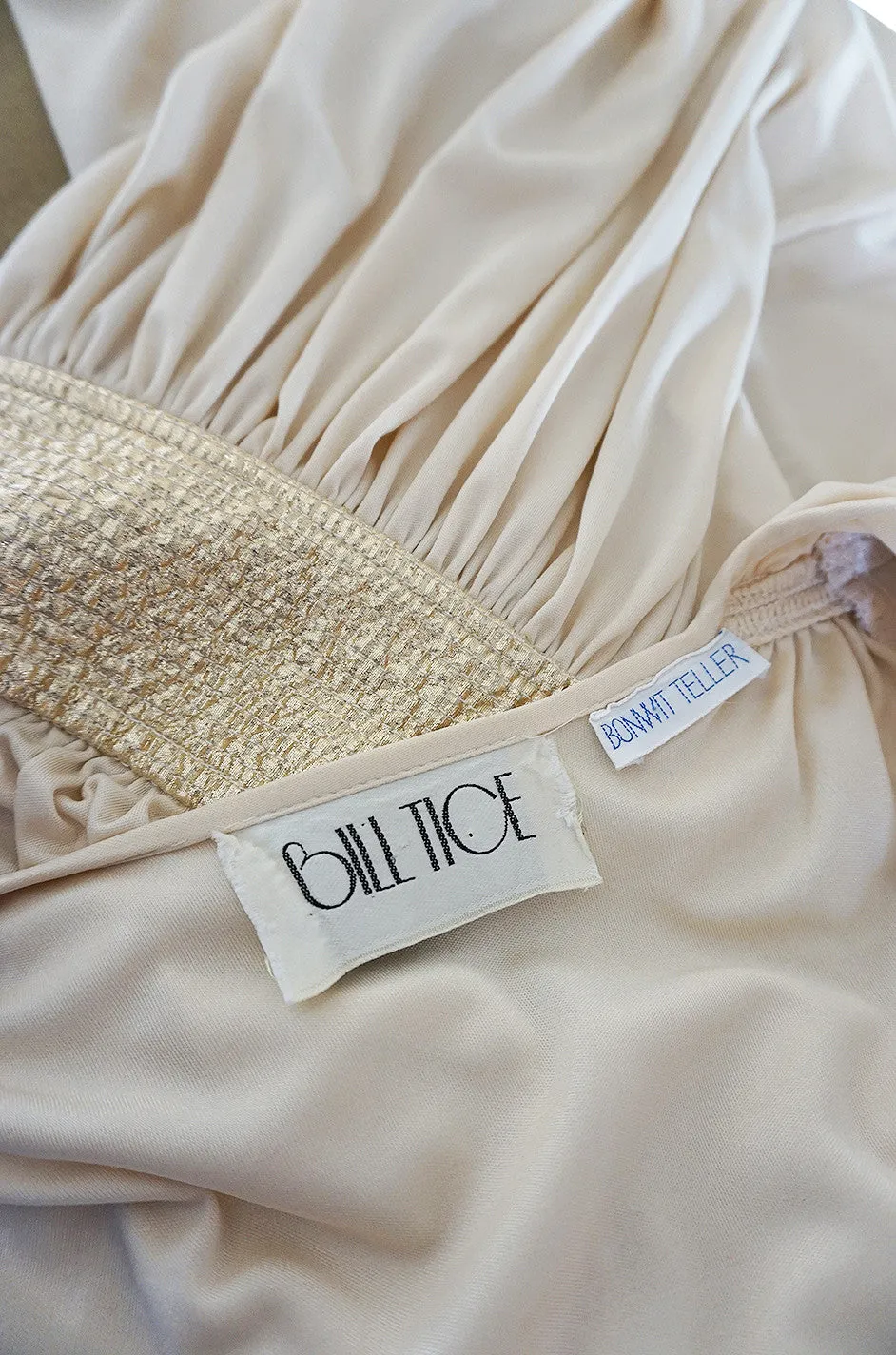 1970s Bill Tice Plunging  Cream & Gold Jersey Dress