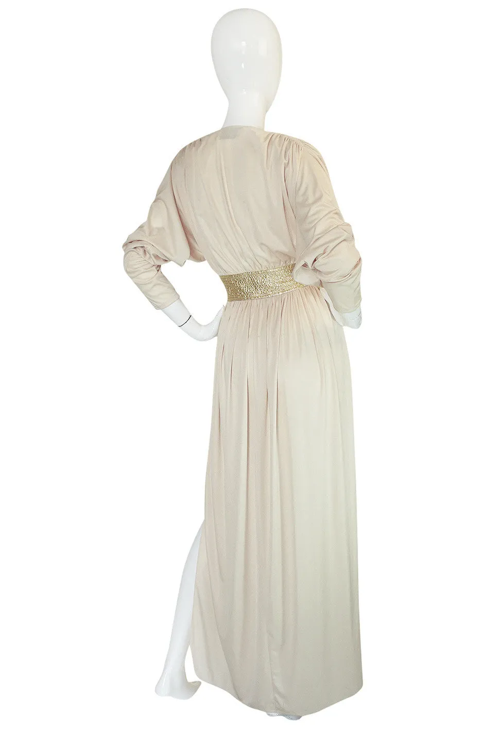 1970s Bill Tice Plunging  Cream & Gold Jersey Dress