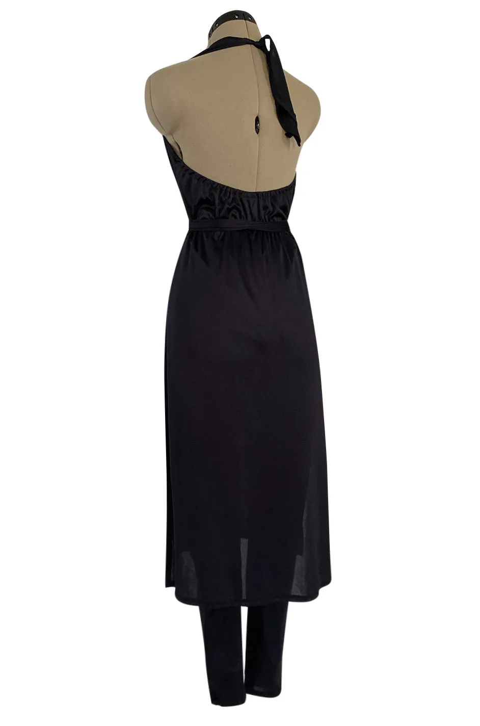 1970s Clobber by Jeff Banks Black Jersey Bare Back Halter Cut Skirted Jumpsuit
