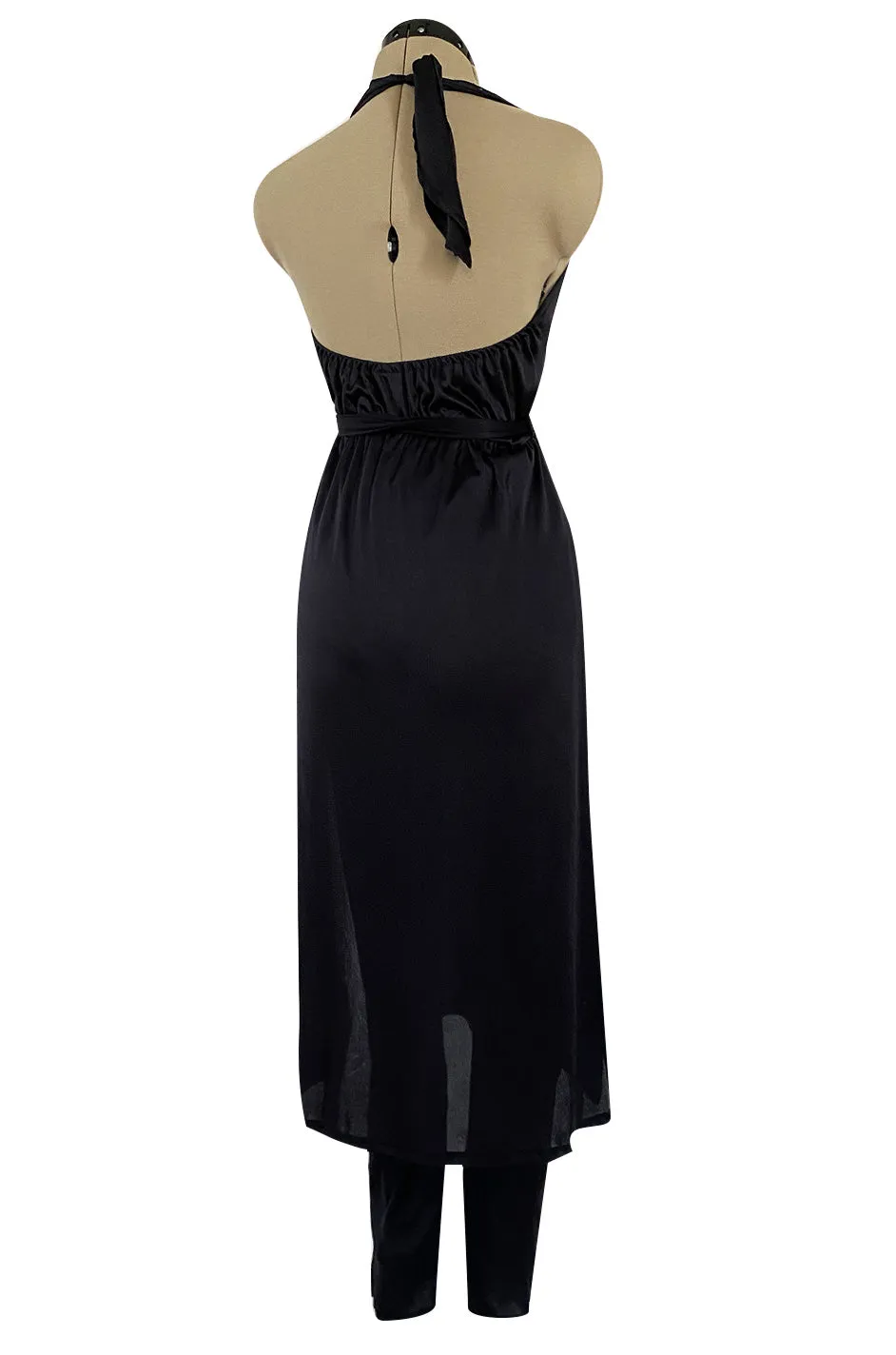 1970s Clobber by Jeff Banks Black Jersey Bare Back Halter Cut Skirted Jumpsuit
