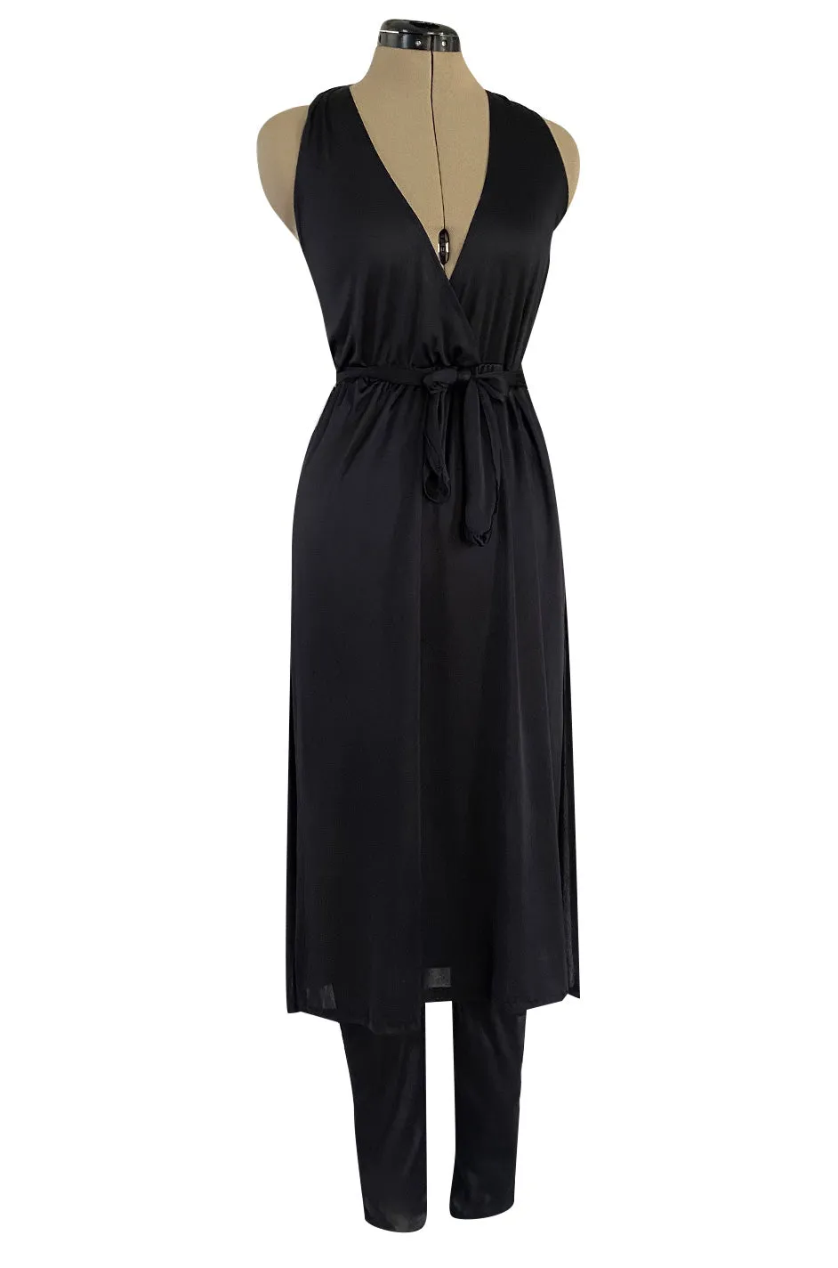 1970s Clobber by Jeff Banks Black Jersey Bare Back Halter Cut Skirted Jumpsuit