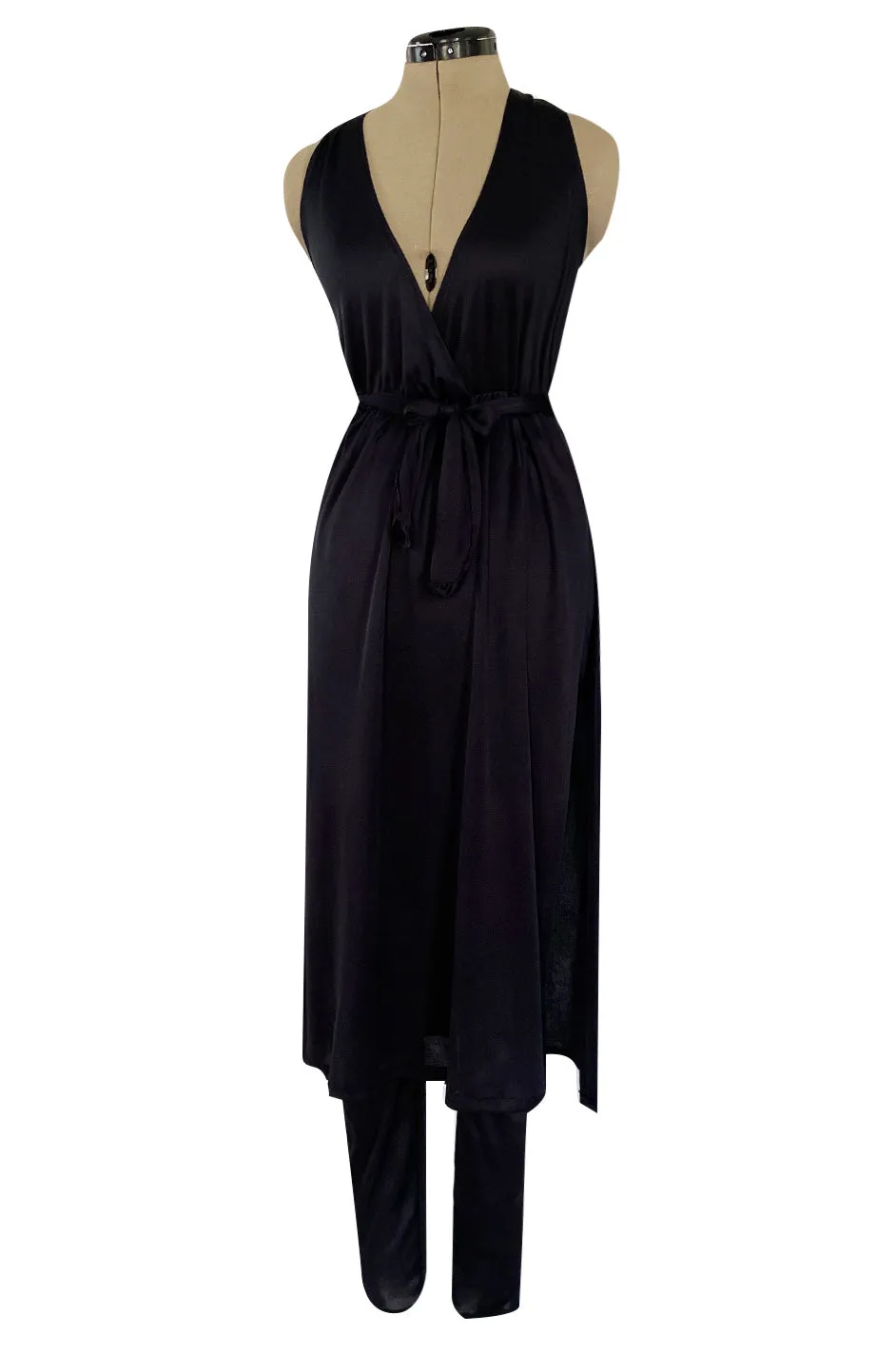 1970s Clobber by Jeff Banks Black Jersey Bare Back Halter Cut Skirted Jumpsuit