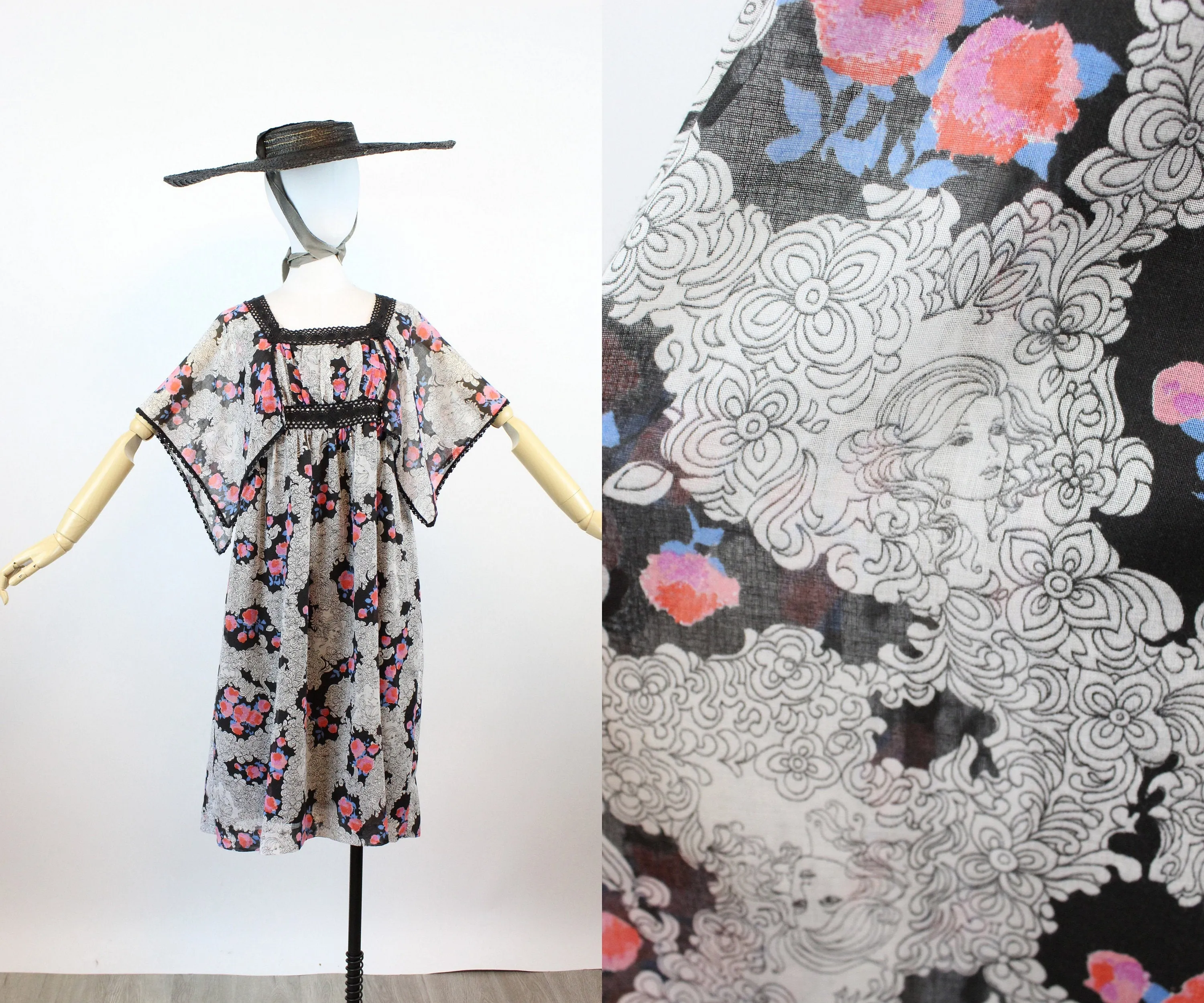1970s FACE print art nouveau angel sleeve dress small | new fall