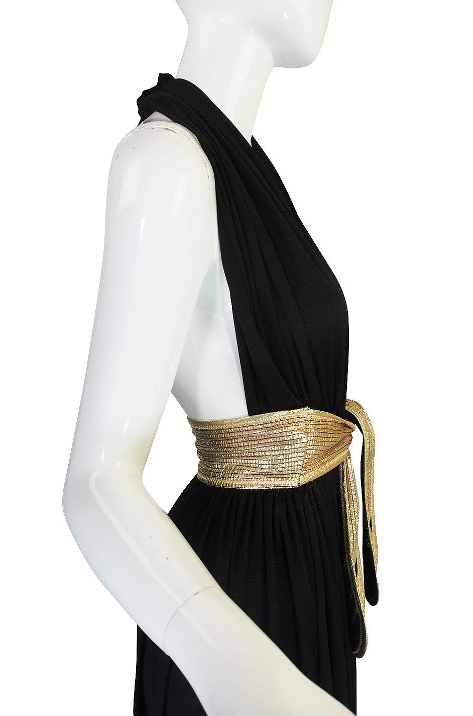 1980 Bill Tice Plunge Black & Gold Backless Dress