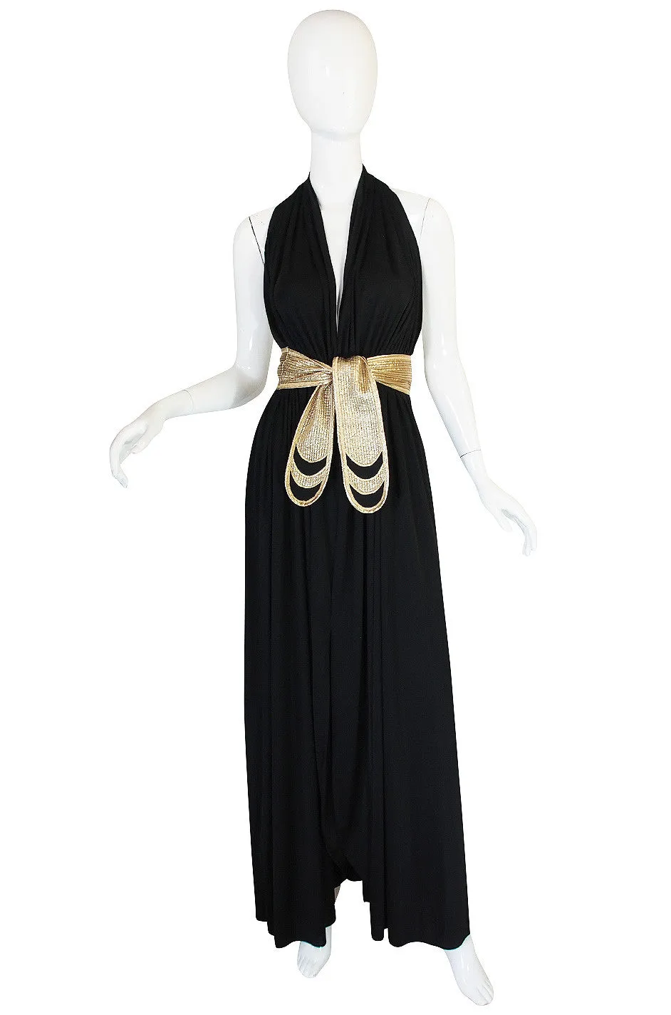 1980 Bill Tice Plunge Black & Gold Backless Dress