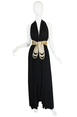 1980 Bill Tice Plunge Black & Gold Backless Dress
