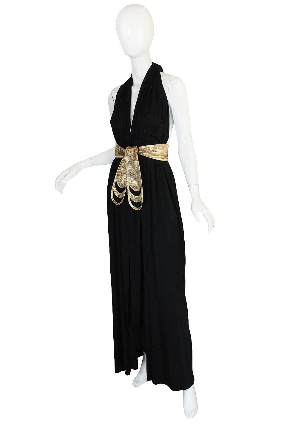 1980 Bill Tice Plunge Black & Gold Backless Dress