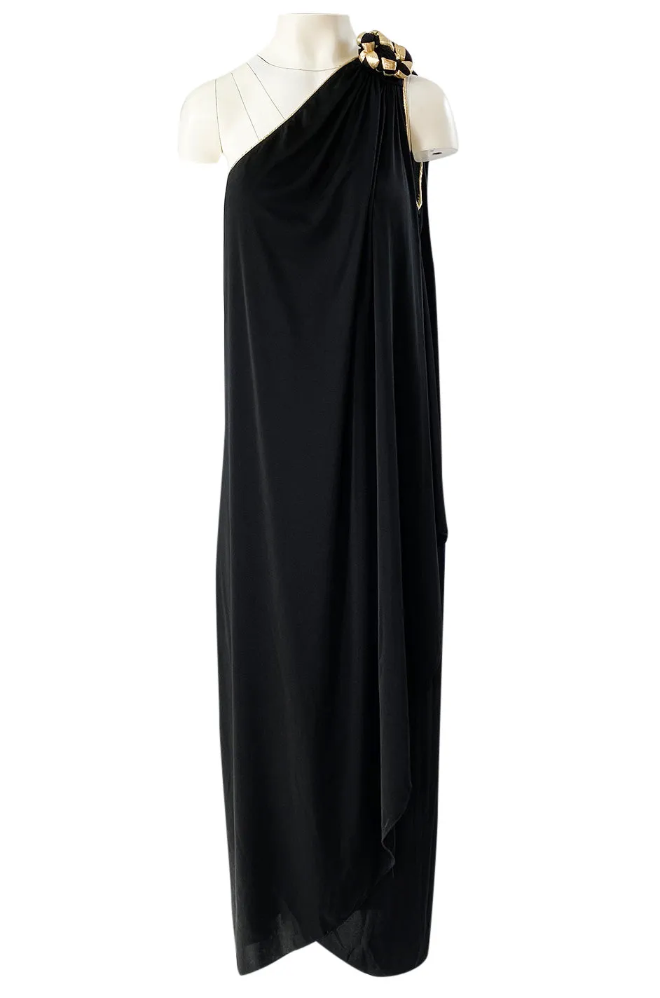 1981 Bill Tice Black One Shoulder Jersey Dress w Gold Lame Flower Detailing