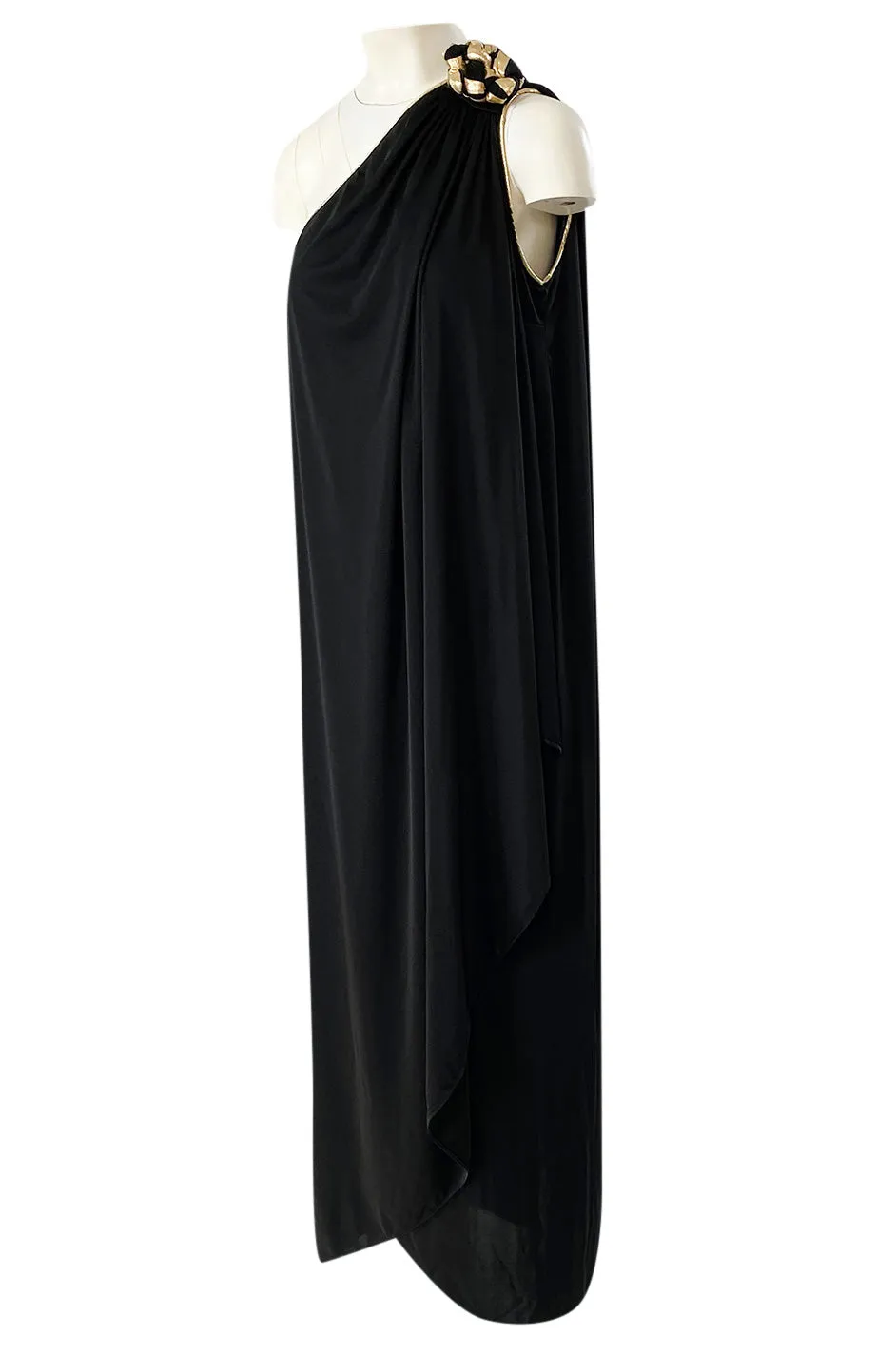 1981 Bill Tice Black One Shoulder Jersey Dress w Gold Lame Flower Detailing