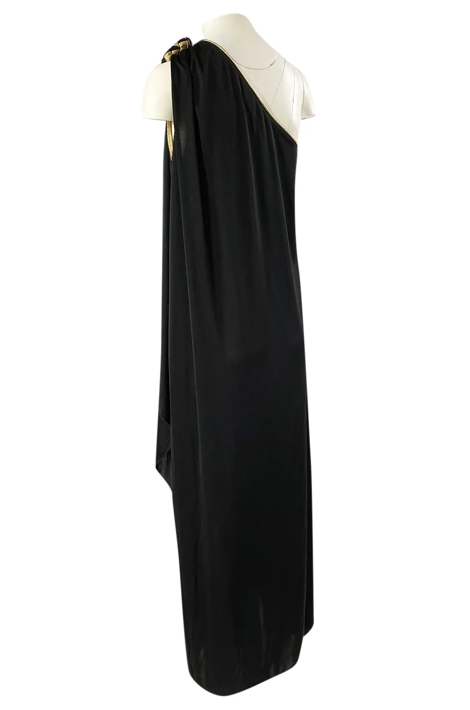 1981 Bill Tice Black One Shoulder Jersey Dress w Gold Lame Flower Detailing