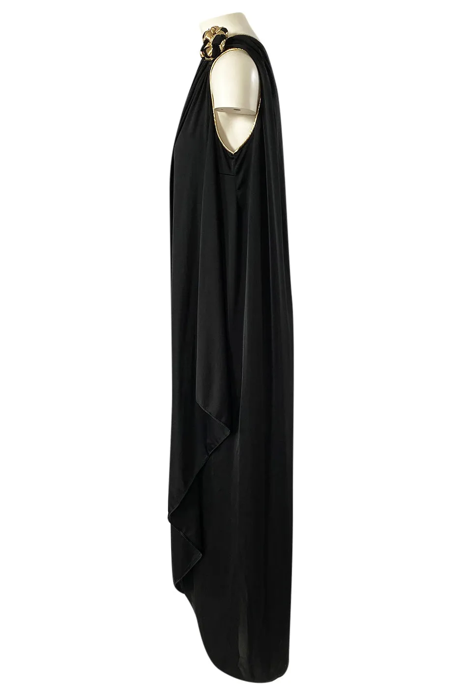 1981 Bill Tice Black One Shoulder Jersey Dress w Gold Lame Flower Detailing