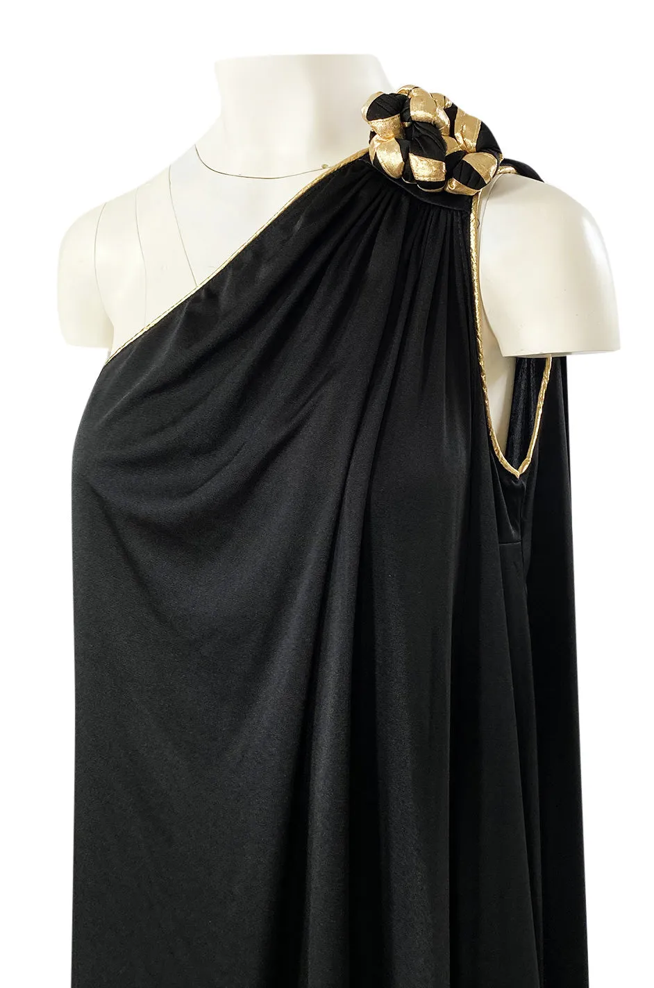 1981 Bill Tice Black One Shoulder Jersey Dress w Gold Lame Flower Detailing