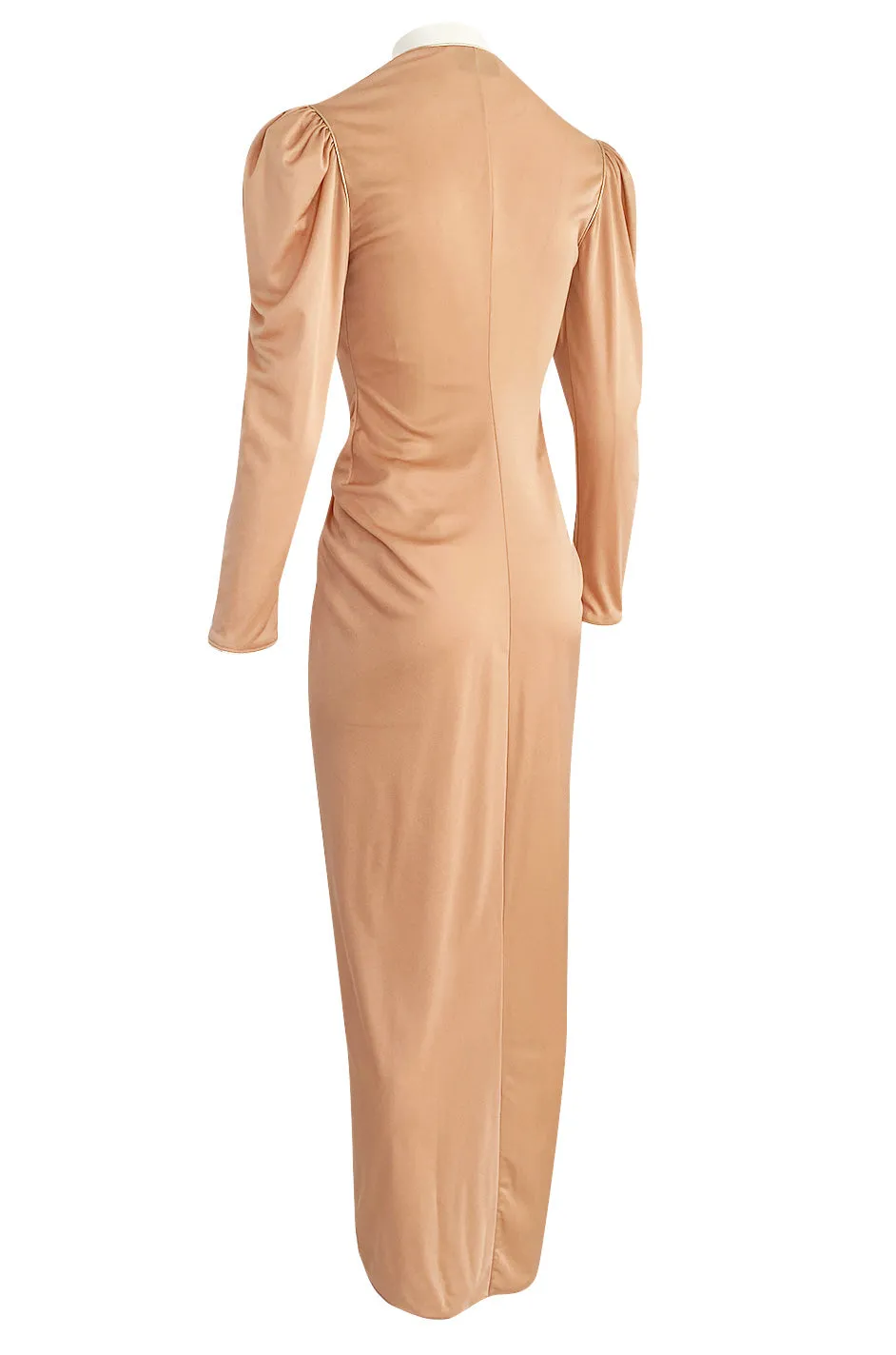 1981 Bill Tice Peach Nylon Jersey Long Sleeve Deep Plunge Dress w Gold Lame Flower & Trim