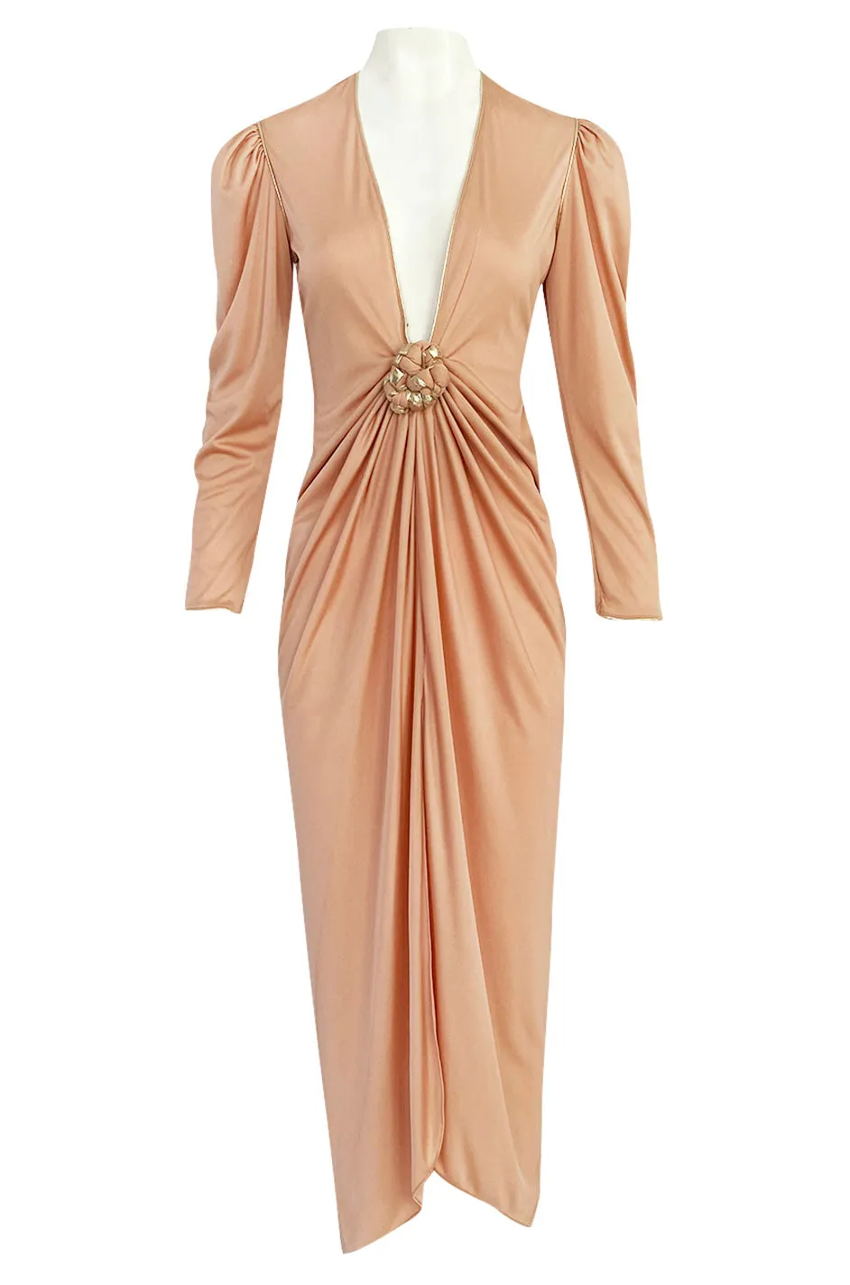 1981 Bill Tice Peach Nylon Jersey Long Sleeve Deep Plunge Dress w Gold Lame Flower & Trim