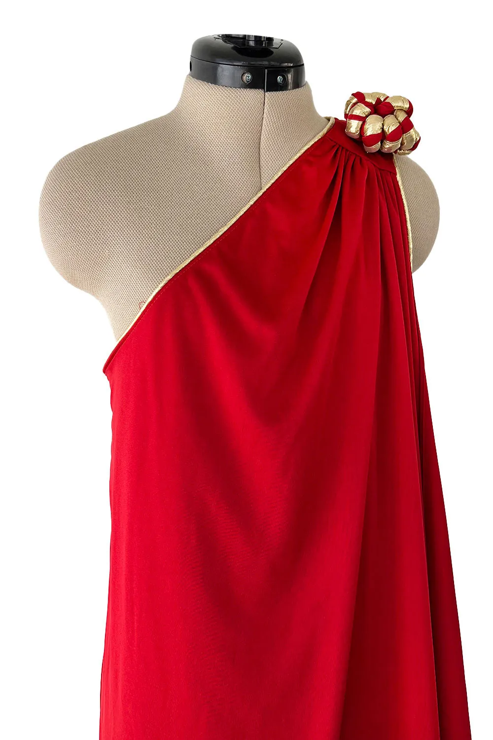 1981 Bill Tice Red One Shoulder Jersey Dress w Gold Lame Flower Detailing