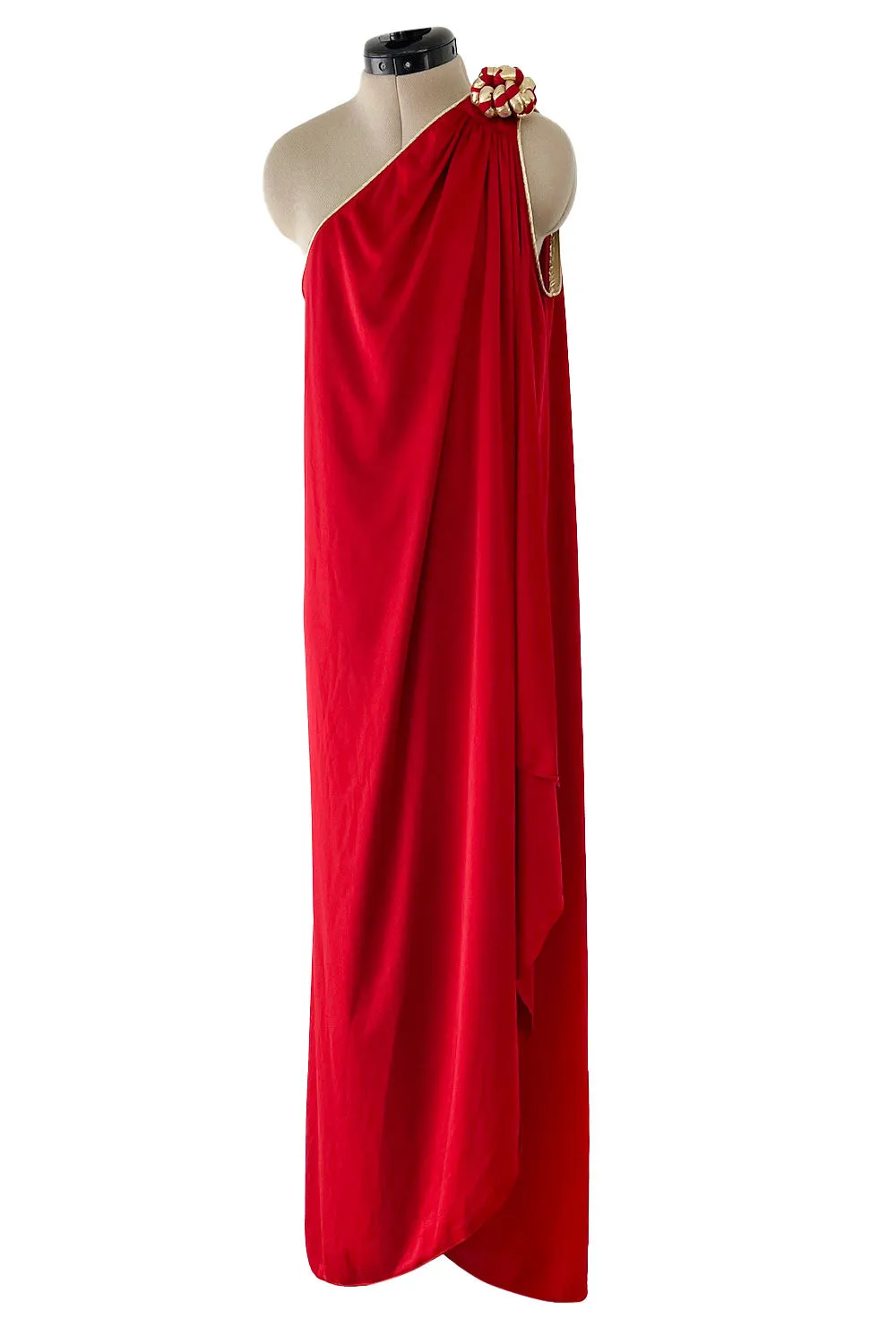 1981 Bill Tice Red One Shoulder Jersey Dress w Gold Lame Flower Detailing