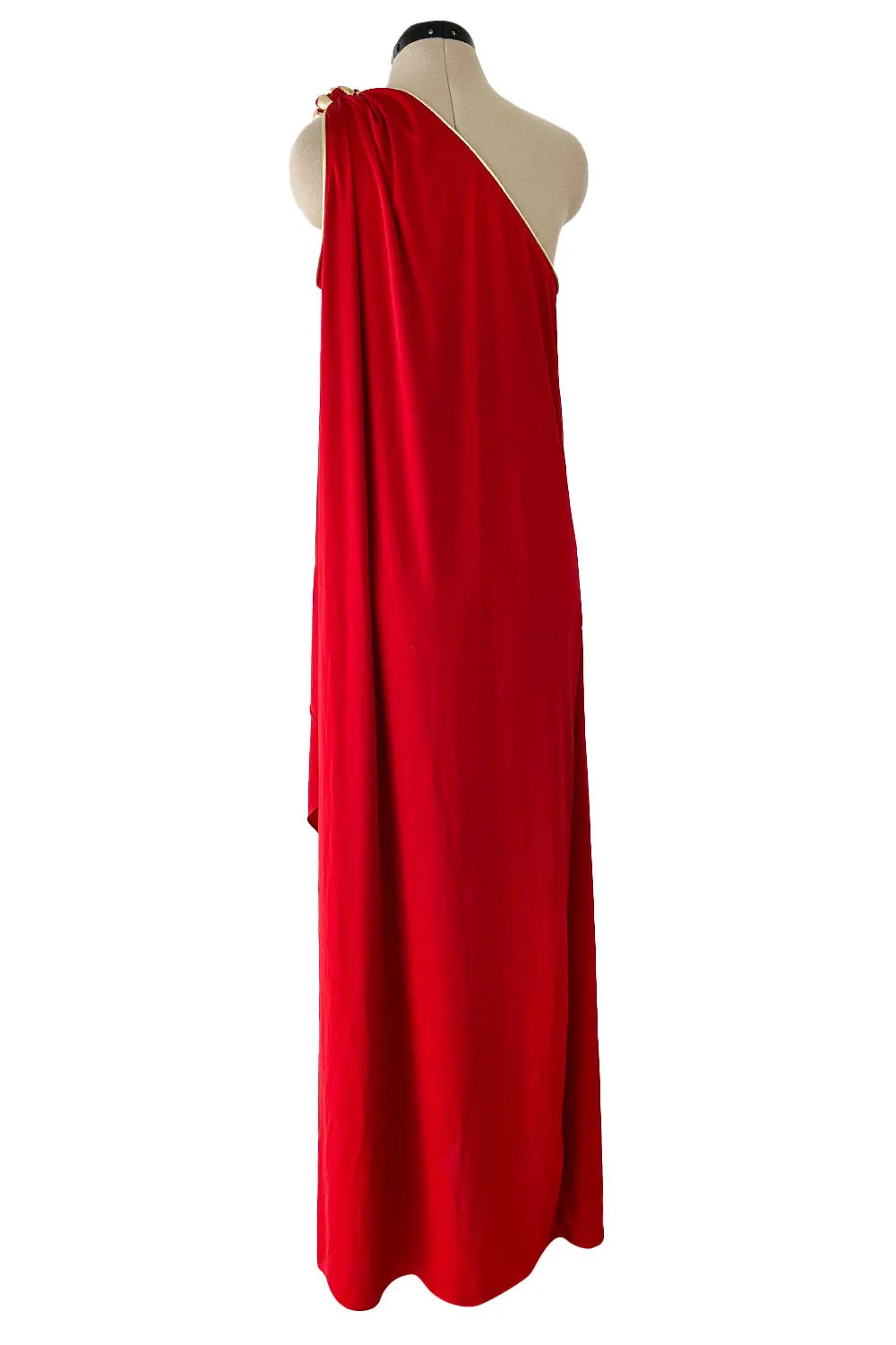 1981 Bill Tice Red One Shoulder Jersey Dress w Gold Lame Flower Detailing