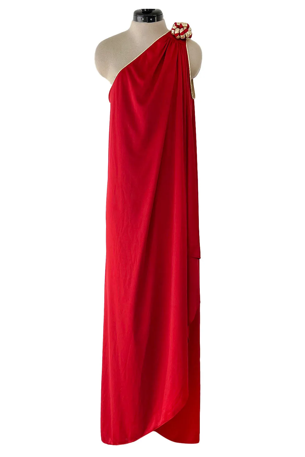 1981 Bill Tice Red One Shoulder Jersey Dress w Gold Lame Flower Detailing