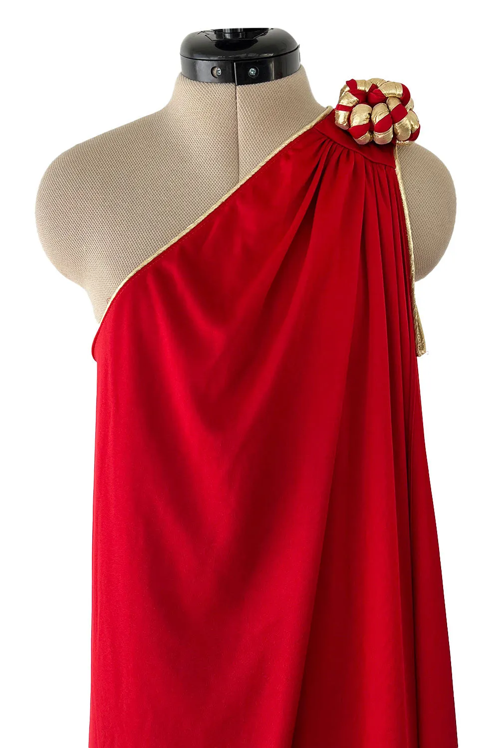1981 Bill Tice Red One Shoulder Jersey Dress w Gold Lame Flower Detailing