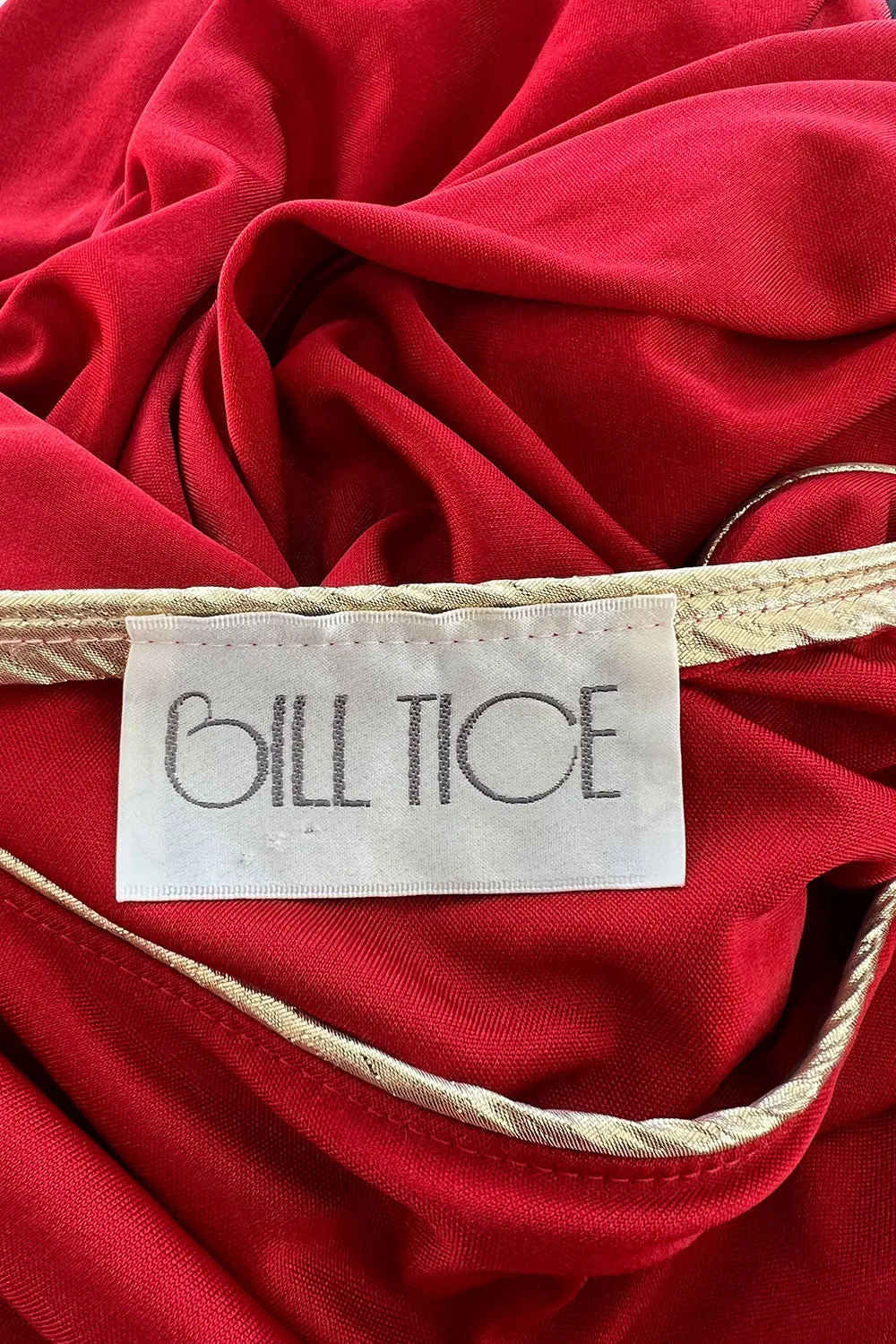 1981 Bill Tice Red One Shoulder Jersey Dress w Gold Lame Flower Detailing