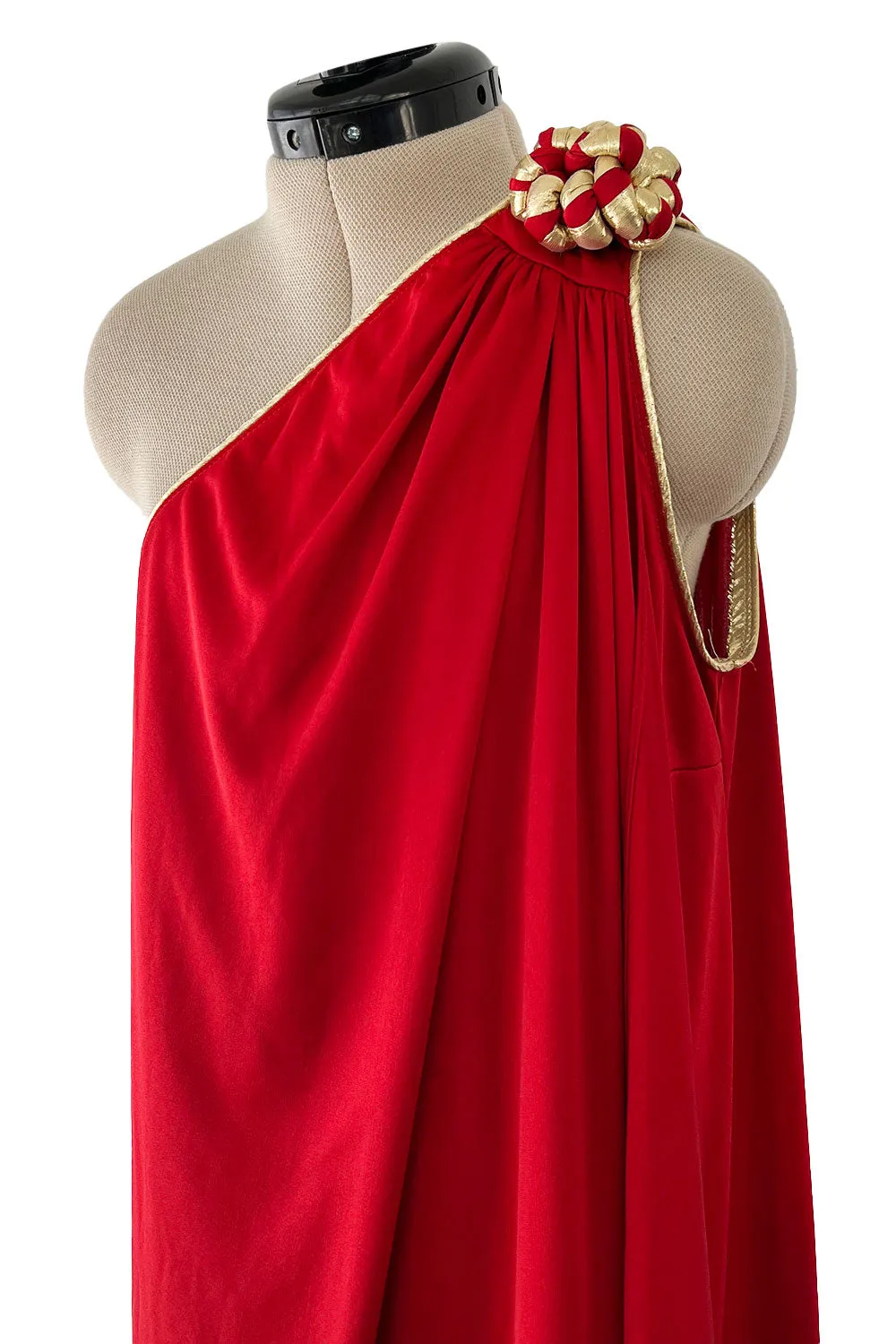 1981 Bill Tice Red One Shoulder Jersey Dress w Gold Lame Flower Detailing