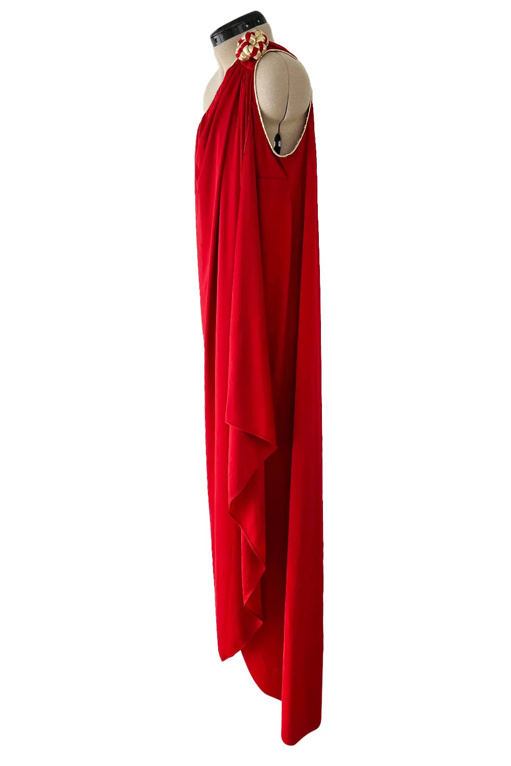 1981 Bill Tice Red One Shoulder Jersey Dress w Gold Lame Flower Detailing