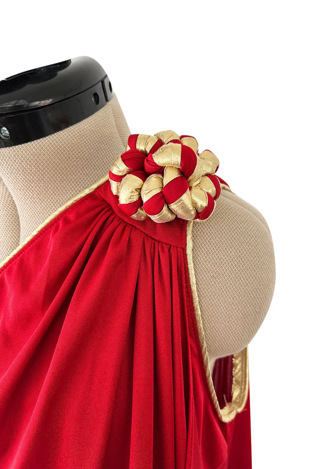1981 Bill Tice Red One Shoulder Jersey Dress w Gold Lame Flower Detailing
