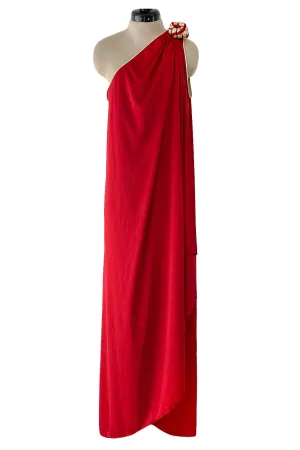 1981 Bill Tice Red One Shoulder Jersey Dress w Gold Lame Flower Detailing