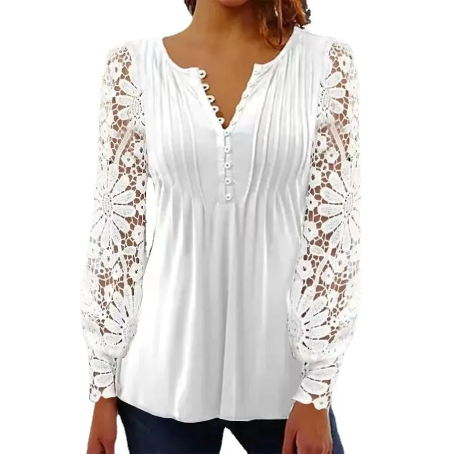 2023Cross-Border Amazon Spring and Autumn Women's Clothing New European and American Fashion Lace PrintingVCollar Long SleevesTT-shirt Top Women's