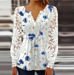 2023Cross-Border Amazon Spring and Autumn Women's Clothing New European and American Fashion Lace PrintingVCollar Long SleevesTT-shirt Top Women's
