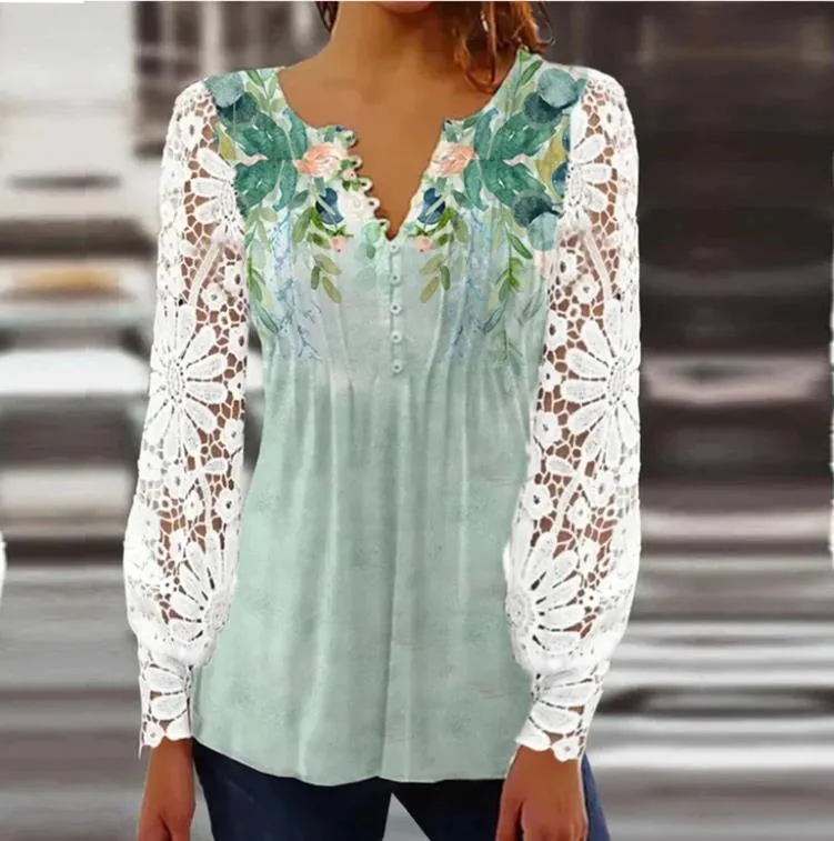 2023Cross-Border Amazon Spring and Autumn Women's Clothing New European and American Fashion Lace PrintingVCollar Long SleevesTT-shirt Top Women's