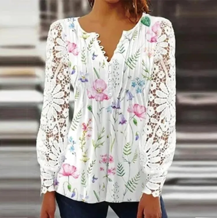 2023Cross-Border Amazon Spring and Autumn Women's Clothing New European and American Fashion Lace PrintingVCollar Long SleevesTT-shirt Top Women's