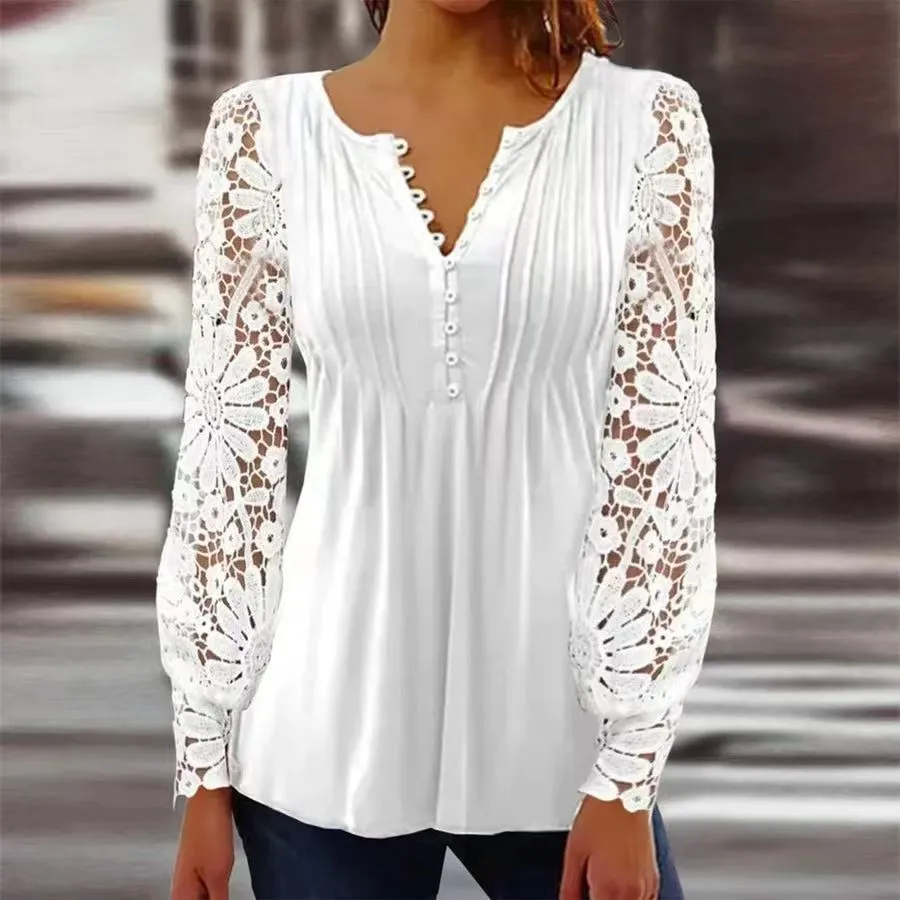 2023Cross-Border Amazon Spring and Autumn Women's Clothing New European and American Fashion Lace PrintingVCollar Long SleevesTT-shirt Top Women's