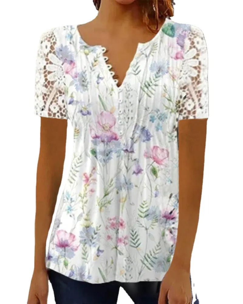 2023Cross-Border Amazon Summer Women's Clothing New European and American Fashion Lace PrintingVCollar Short-SleeveTT-shirt Top Women's
