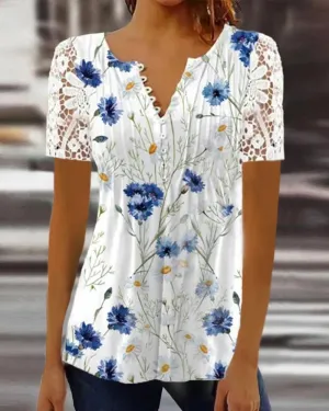 2023Cross-Border Amazon Summer Women's Clothing New European and American Fashion Lace PrintingVCollar Short-SleeveTT-shirt Top Women's