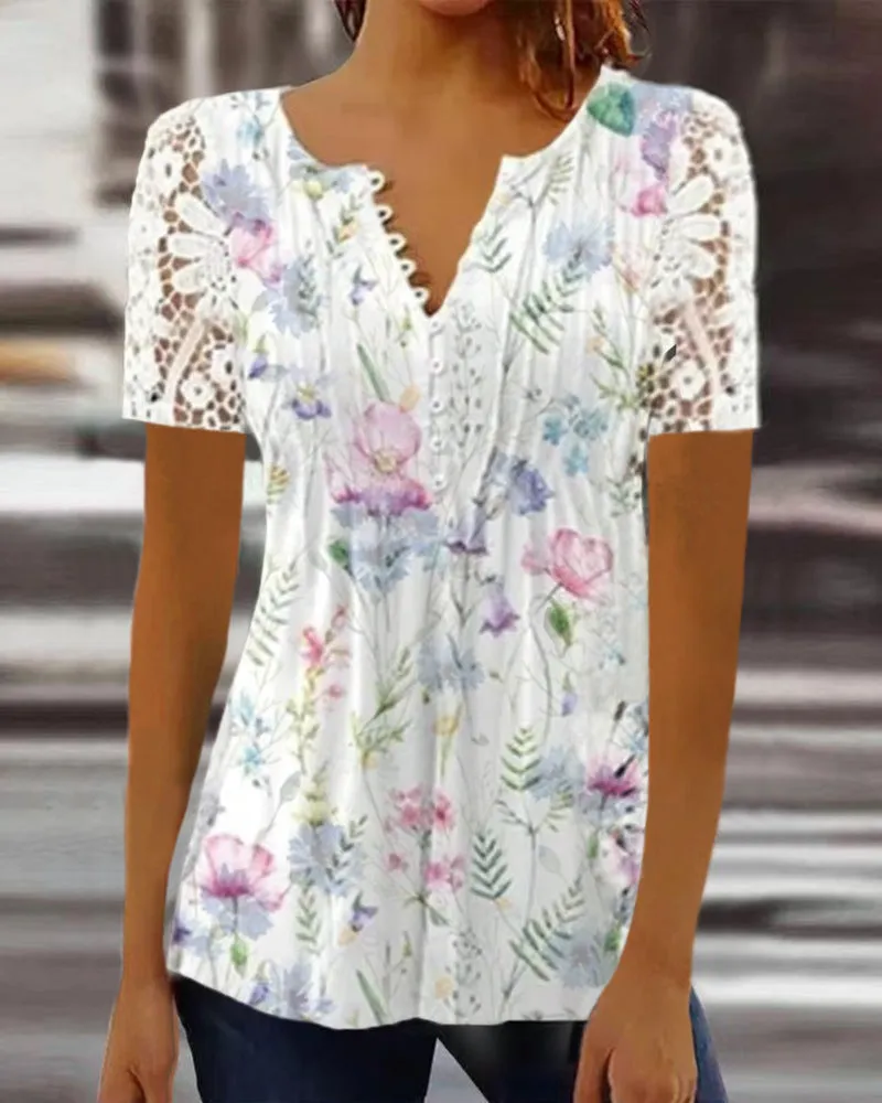 2023Cross-Border Amazon Summer Women's Clothing New European and American Fashion Lace PrintingVCollar Short-SleeveTT-shirt Top Women's