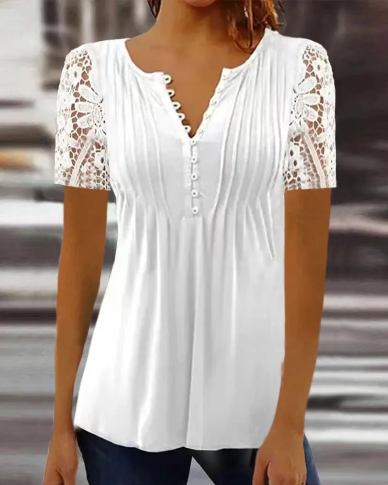 2023Cross-Border Amazon Summer Women's Clothing New European and American Fashion Lace PrintingVCollar Short-SleeveTT-shirt Top Women's