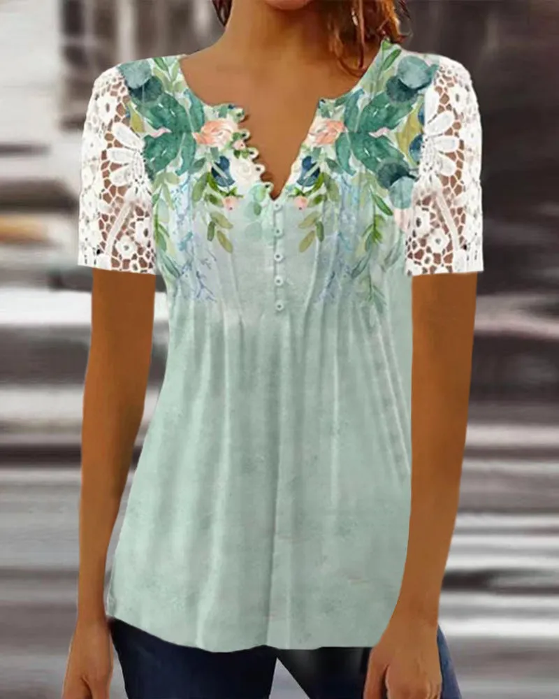 2023Cross-Border Amazon Summer Women's Clothing New European and American Fashion Lace PrintingVCollar Short-SleeveTT-shirt Top Women's