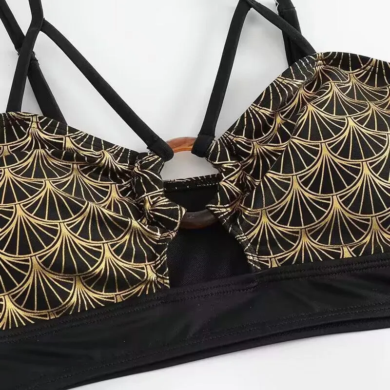2023Cross-Border New Arrival European and American Foreign Trade Amazon Fashion Sexy Bronzing High Waist Bikini Swimsuit Wholesale