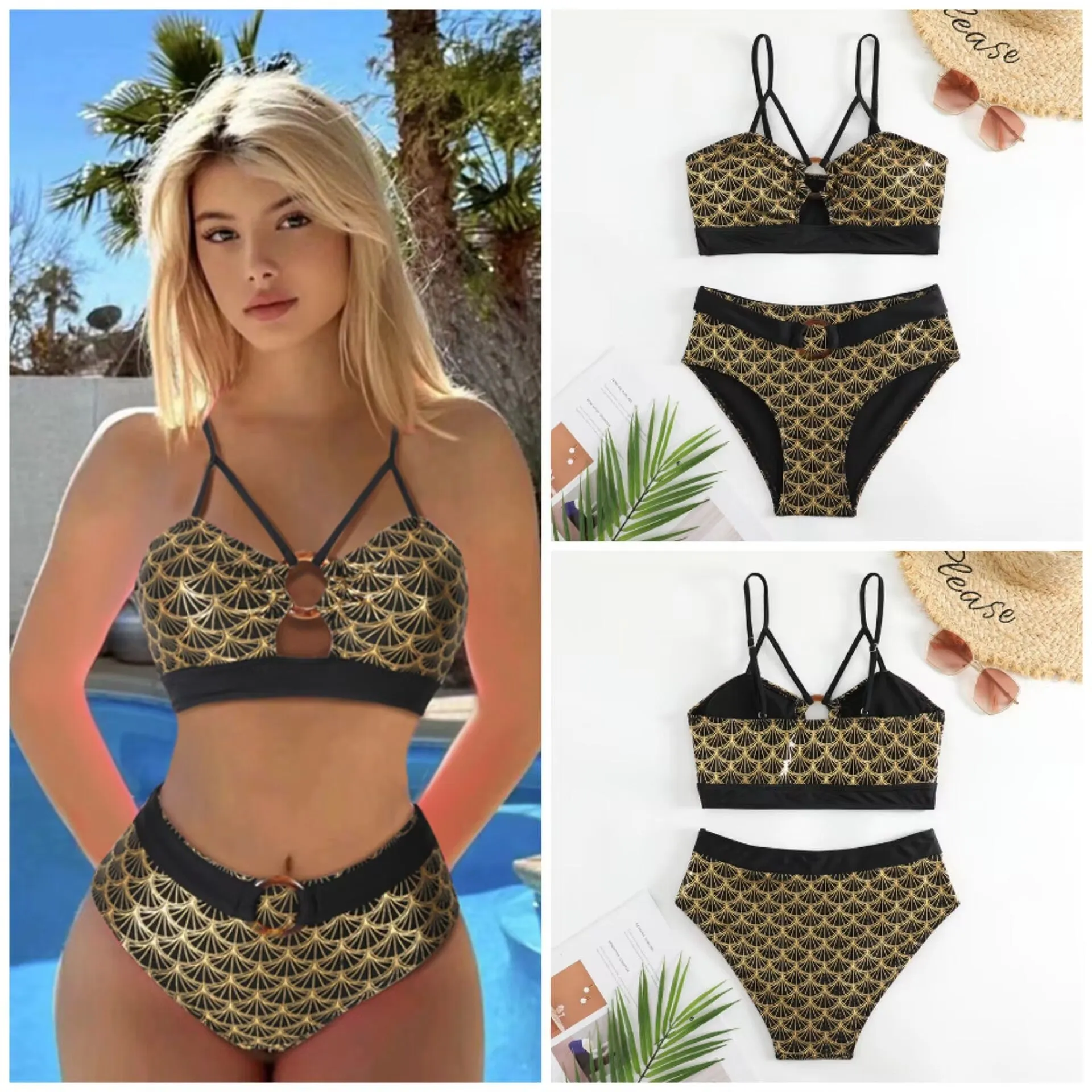 2023Cross-Border New Arrival European and American Foreign Trade Amazon Fashion Sexy Bronzing High Waist Bikini Swimsuit Wholesale
