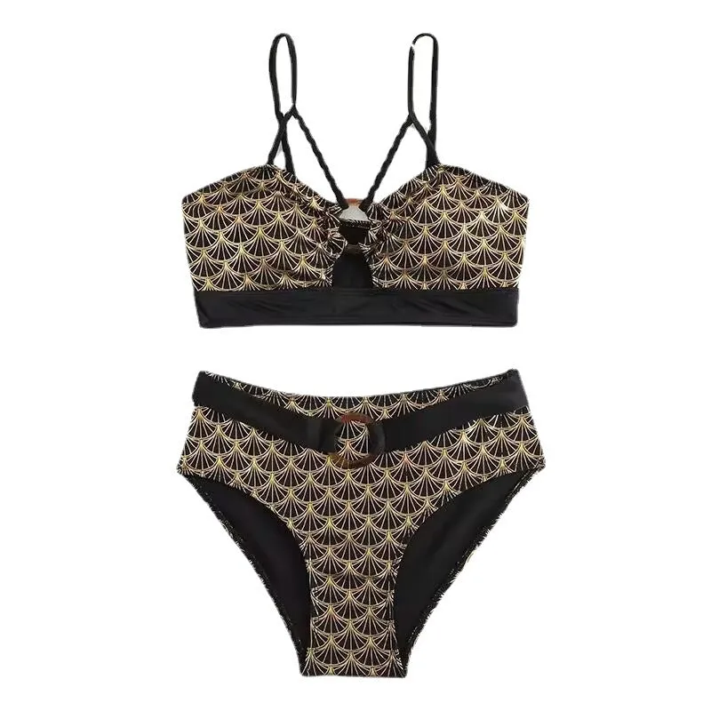 2023Cross-Border New Arrival European and American Foreign Trade Amazon Fashion Sexy Bronzing High Waist Bikini Swimsuit Wholesale
