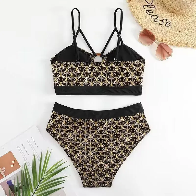 2023Cross-Border New Arrival European and American Foreign Trade Amazon Fashion Sexy Bronzing High Waist Bikini Swimsuit Wholesale